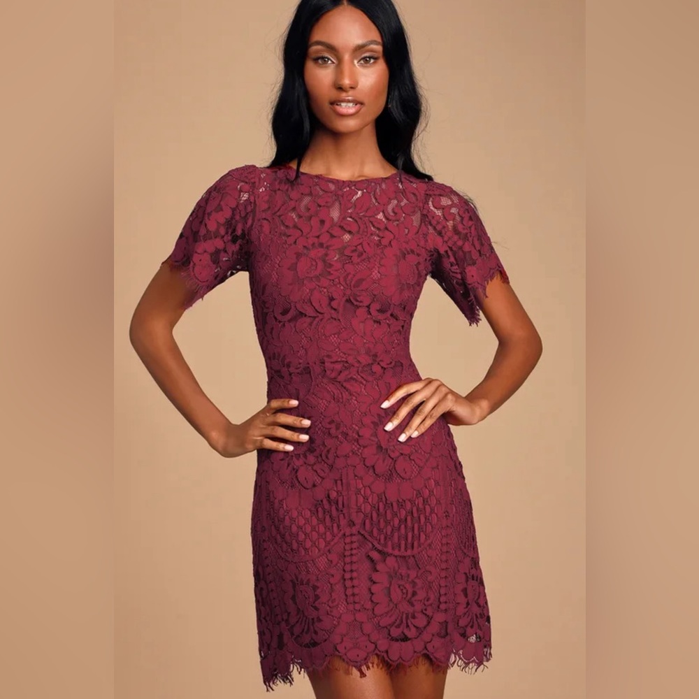 Lulus Pearson Wine Red Lace Short Sleeve Dress - Medium